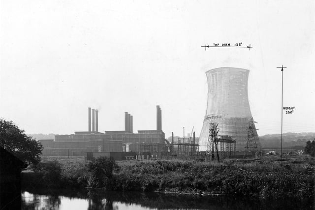 August 1945 and this photo has been amended to show the proposed look with the cooling tower completed. The dimensions are included. The River Aire is seen in the foreground. Gotts Park is in the background.