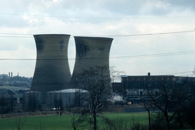 April 1979. View of Kirkstall Power Station showing the beginning of the demolition of one of two cooling towers. It was not until 1986 the site was completely cleared following the demolition of the chimneys.