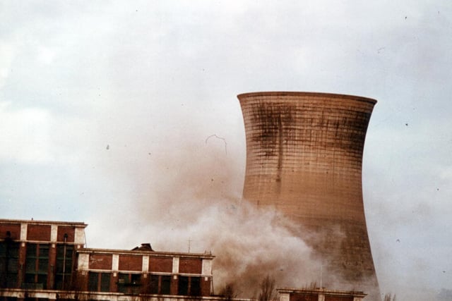 The demolition of the cooling tower in April 1979.