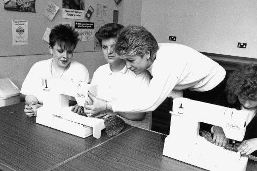 Needlework at Chesney's Youth Club, 1988. From left to right: Cheryl Meek, Michaela Hutchinson, youth worker Helen Overton and Randina Lloyd