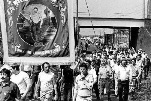 Knottingley miners marching from Ferrybridge to Knottingley in memory of the picket Joe Green, on 19th June 1986