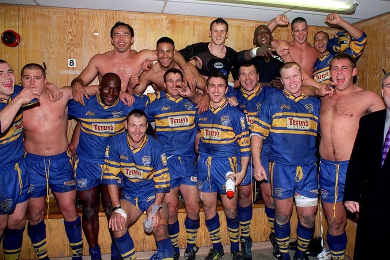 Leeds Rhinos celebrate with manager Graham Murray after beating Wigan in the fourth round of the Challenge Cup at Headingley.