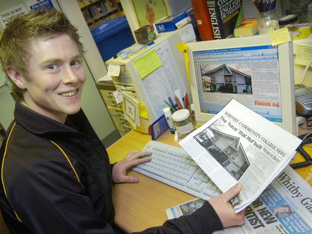 Whitby Community College student Harry Pinder works on a Gazette page.