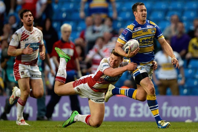 The Super League match between Wigan Warriors and Leeds Rhinos at Etihad Stadium on May 17, 2014 in Manchester, England.