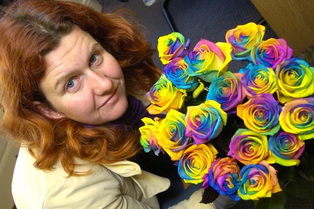 Jo White from Floristry Commission sells some unusual rainbow roses.