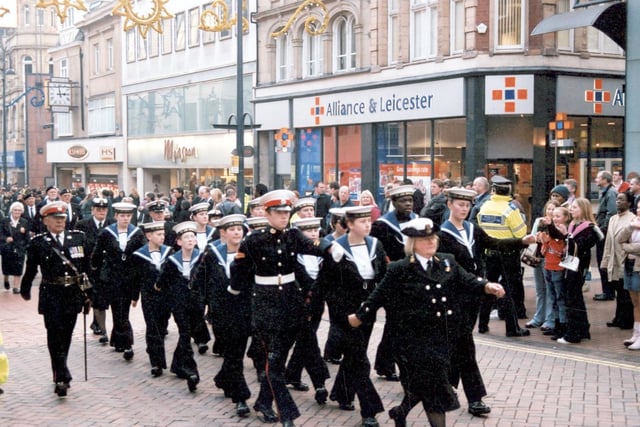 A platoon of TS Ark Royal Sea Cadets take part in a parade. These Sea Cadets were based at Leeds Lock, Armouries Way on the River Aire.