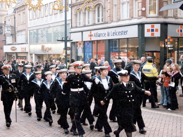A platoon of TS Ark Royal Sea Cadets take part in a parade. These Sea Cadets were based at Leeds Lock, Armouries Way on the River Aire.