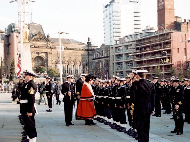 The Lord Mayor of Leeds carries out an inspection of the Ark Royal Guard. He is accompanied by Captain Adrian Nance OBE and a Lieutenant.