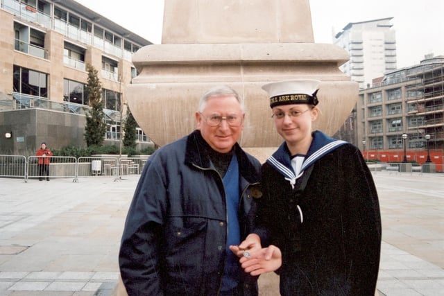 Derek Vickers, a former Sea Cadet is pictured with Pct Zoe Beer, a junior ratings officer from the Ark Royal. Mr Vickers had been a runner for the organiser of events for the 1942 Warship Week.