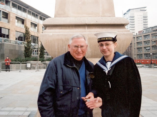 Derek Vickers, a former Sea Cadet is pictured with Pct Zoe Beer, a junior ratings officer from the Ark Royal. Mr Vickers had been a runner for the organiser of events for the 1942 Warship Week.