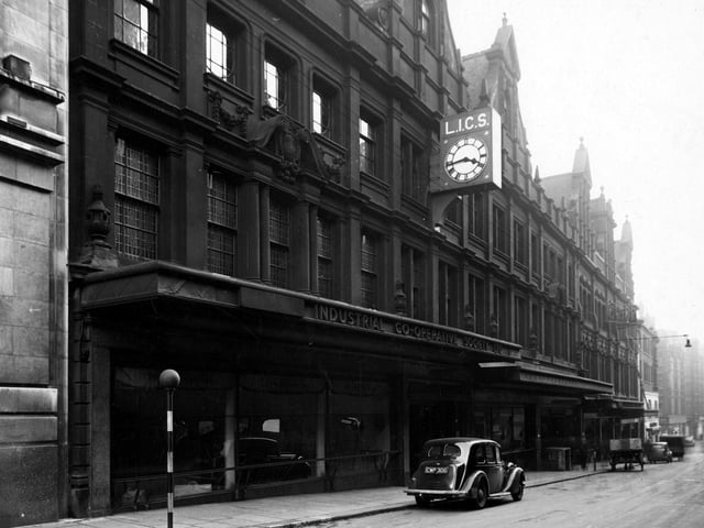 Leeds Industrial Co-operative Society shop pictured in November 1944 showing front with large display windows on upper floors.
