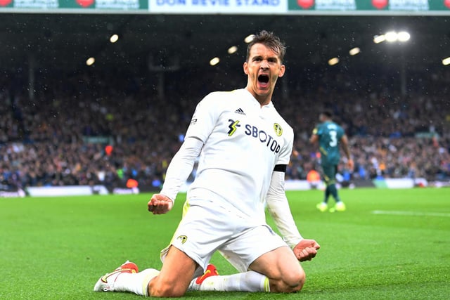 Diego Llorente celebrates the opening goal during Leeds United's game against Watford in October. Picture: Simon Hulme.