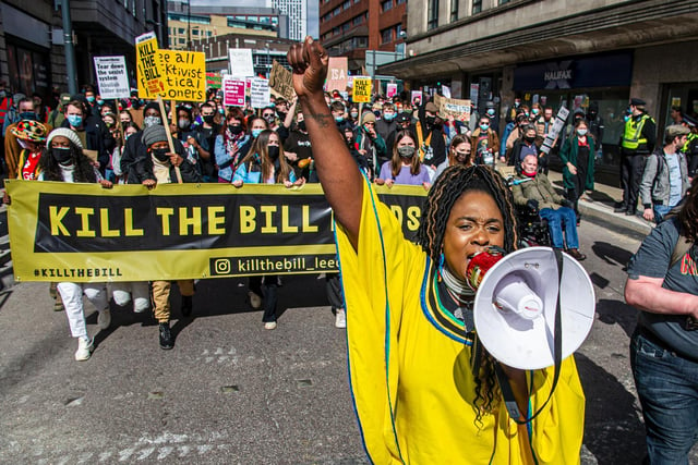 Black Lives Matter campaigner Marvina Newton leads the protestors attending the Kill the Bill demo in Leeds. Picture: Tony Johnson.