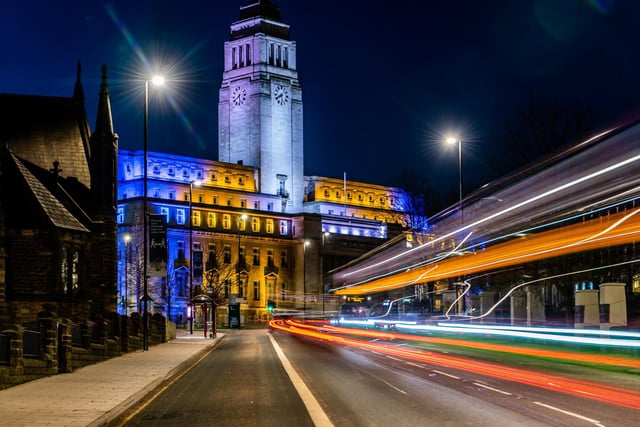 Leeds University's Parkinson Building was among a number of city landmarks to be lit up in blue lights in January to remember those people who had died during the Covid-19 pandemic. Picture: James Hardisty.