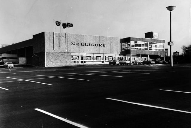 Morrisons Supermarket as seen over the vast car-park from Harper Lane in February 1970.
