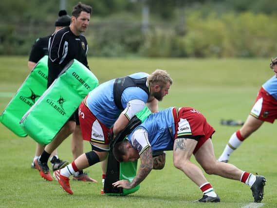 Mike Haywood and Teimana Harrison in a typical training tussle