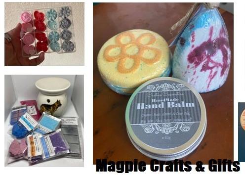 Magpie Crafts and Gifts with bath bombs, soap, hand balm, handmade sanitiser, wax melts/fragrance granules and decoupage