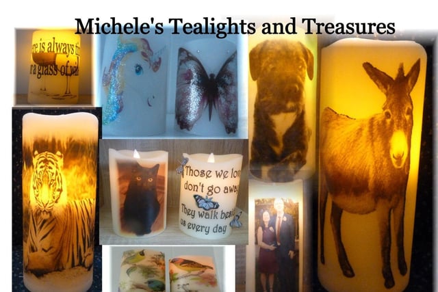Michele’s Tealights and Treasures with decorated and personalised LED battery wax candles