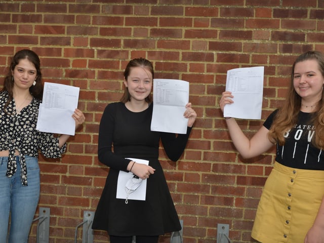 L-R: Hannah Cheeseman. History 9, RE 9, Biology 9 and English Language 9. Mia Lozinski. Nine 9s in History, Maths, RE, Biology, English Literature, Chemistry, Physics, French and English Language. Lois Hilton. Maths 9, RE 9, Biology 9 and English Literature 9.