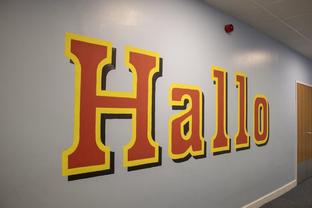 'Hallo', a welcome message in German in the modern foreign language department