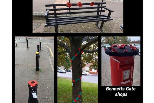 Knitted poppy displays at Bennetts Gate shops