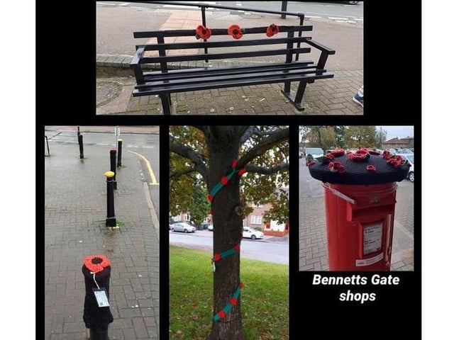 Knitted poppy displays at Bennetts Gate shops