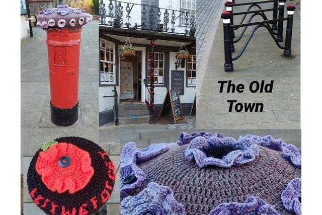 Knitted post box toppers in The Old Town