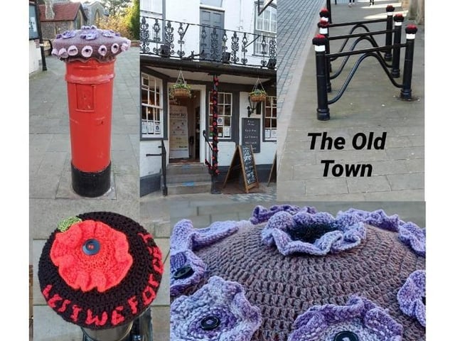 Knitted post box toppers in The Old Town