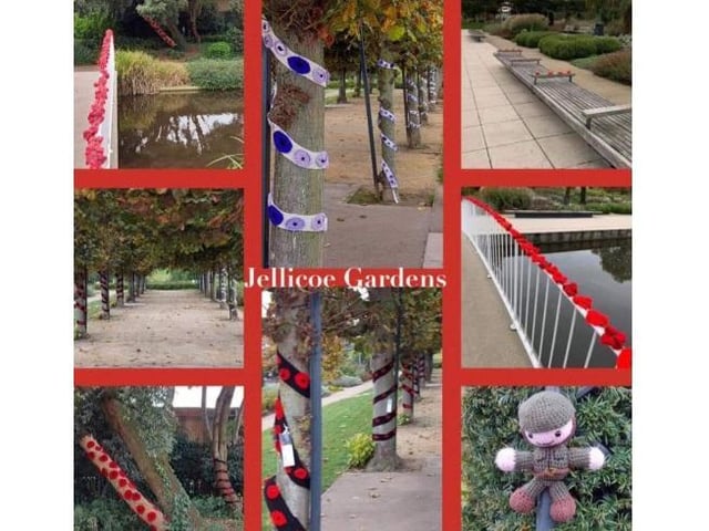 A display of knitted poppies Jellicoe Gardens