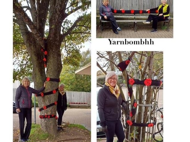 Knitted poppy displays at Leverstock Green Shops