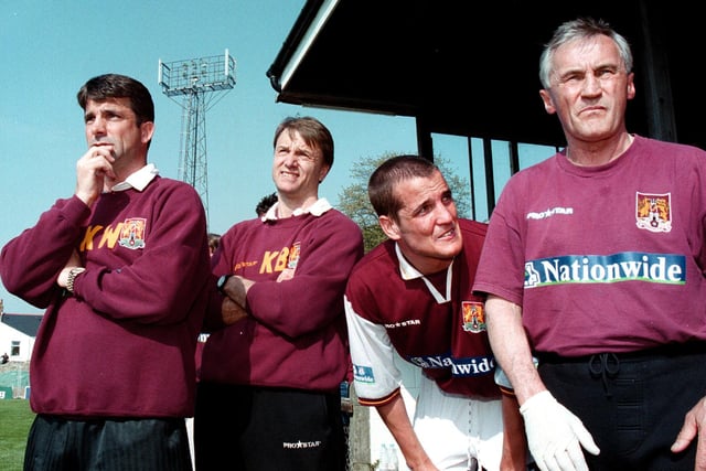 Denis Casey (right) pictured alongside (from left) Kevin Wilson, Kevan Broadhurst and Richard Hope in the final minute of the 2-1 win over Torquay in May, 2000