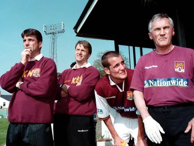 Denis Casey (right) pictured alongside (from left) Kevin Wilson, Kevan Broadhurst and Richard Hope in the final minute of the 2-1 win over Torquay in May, 2000