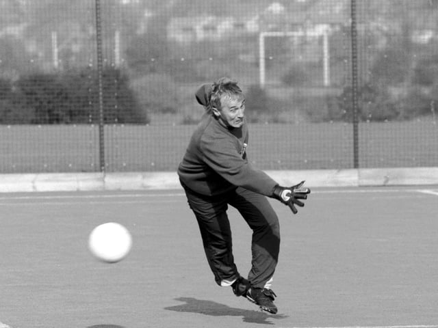 Denis Casey gets involved in a training session by playing in goal