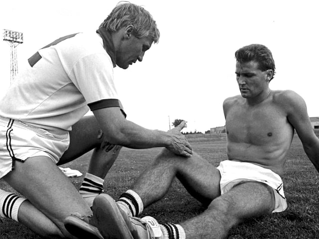 Denis Casey treats David Longhurst during a training session at the old British Timken site in Duston