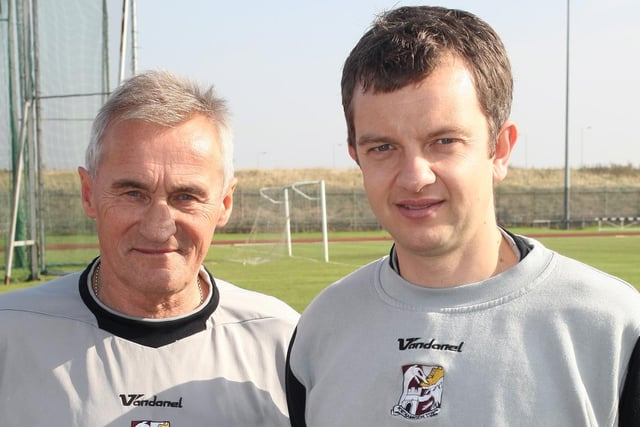 Denis Casey pictured with Stuart Barker, who would eventually take over physio duties at the Cobblers, more than 20 years after Denis had joined the club