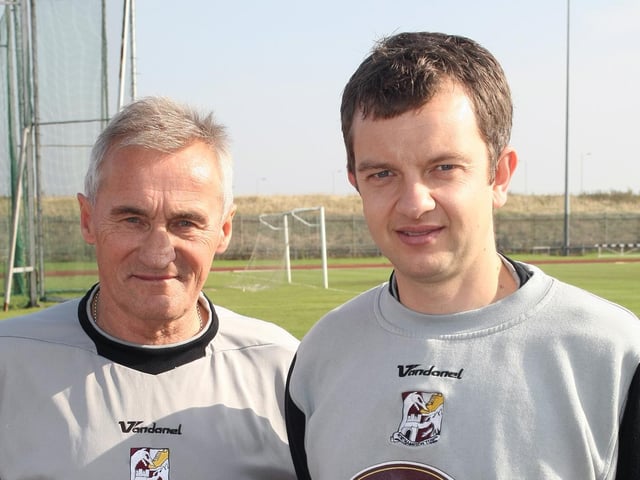 Denis Casey pictured with Stuart Barker, who would eventually take over physio duties at the Cobblers, more than 20 years after Denis had joined the club