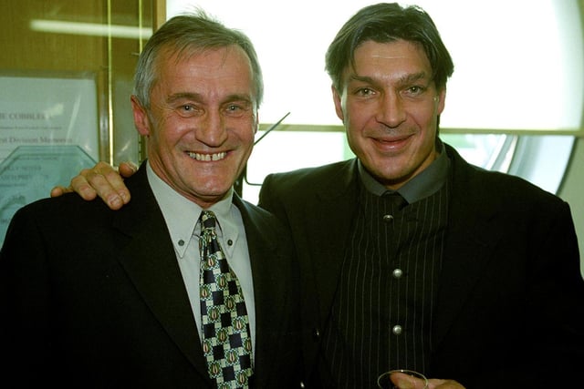 Denis Casey is pictured with Trevor Morley at a reunion of the 1987 title-winning squad