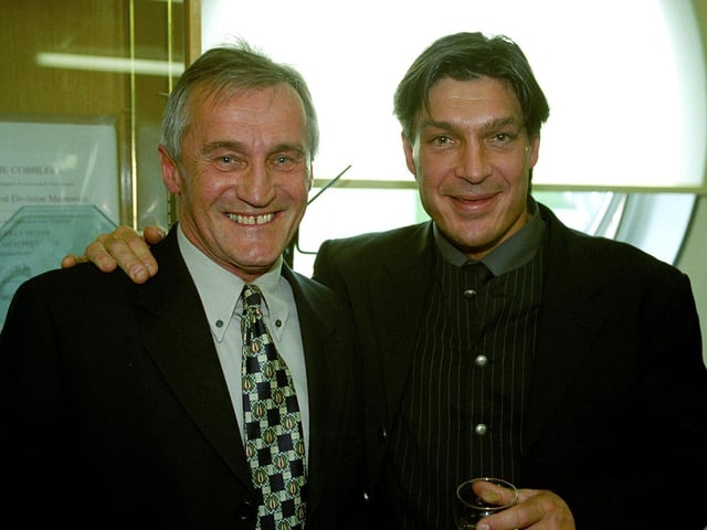 Denis Casey is pictured with Trevor Morley at a reunion of the 1987 title-winning squad