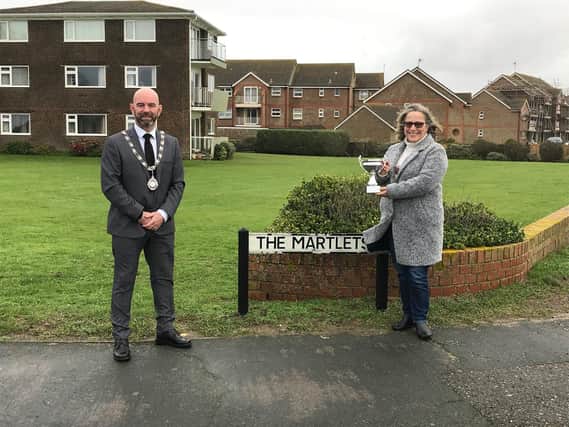 Sheena Thomson, winner of best residential window boxes, balconies and patio tubs, with Rustington Parish Council chairman Jon Street