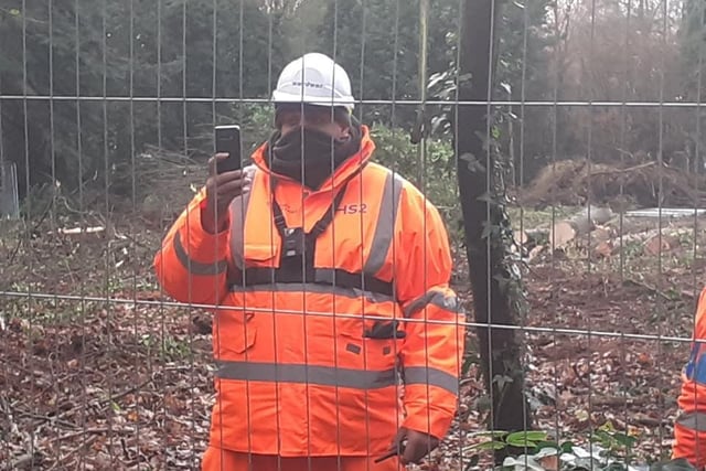 An HS2 worker near Stoneleigh turn the cameras on the protesters.