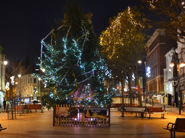 Hastings town centre Christmas lights 2020. SUS-201112-075522001
