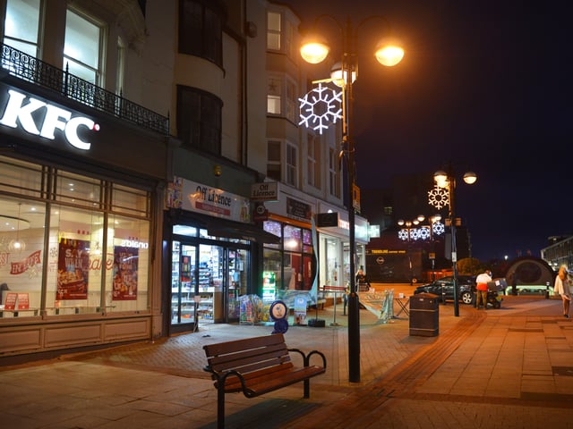 Hastings town centre Christmas lights 2020. SUS-201112-075242001