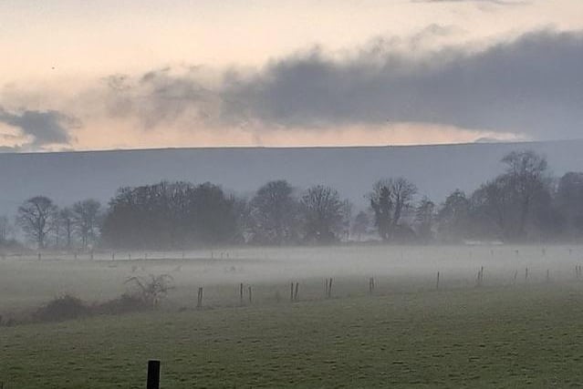 Late afternoon mist across Stud Farm in Polegate. This shot was taken by Judy Kemp with a Samsung mobile phone. SUS-210120-105812001