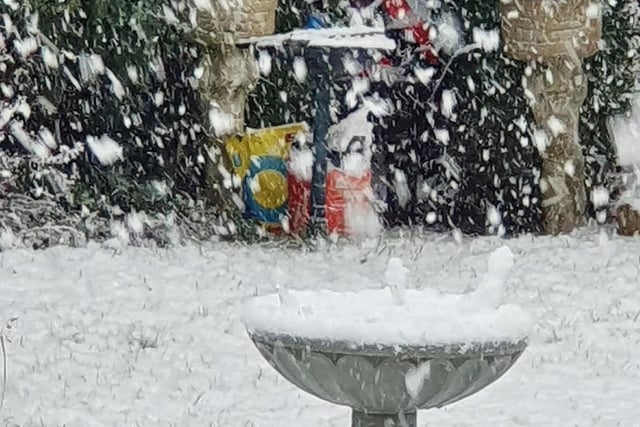 Reader Brenda sent us this image of a bird bath under inches of snow