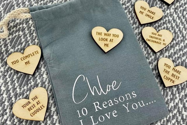 'Memories & Gifts' are selling a range of Valentine's Day products including this adorable personalised bag with 10 customisable hearts for £12.99 to remind your partner why you fell in love with them. For more information, visit their website.