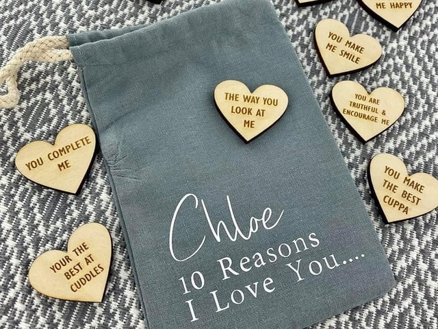 'Memories & Gifts' are selling a range of Valentine's Day products including this adorable personalised bag with 10 customisable hearts for £12.99 to remind your partner why you fell in love with them. For more information, visit their website.