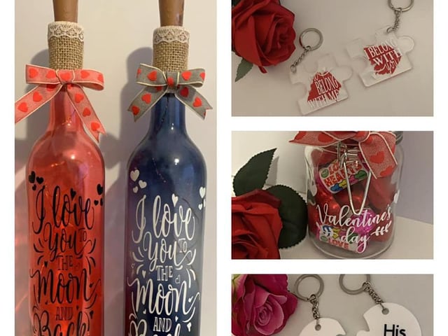KB's 'CraftyCreations' is offering a range of assorted personalised Valentine's gifts including light up wine bottles, sweet jars and customisable key-rings. Check out her Facebook page or website for more information.