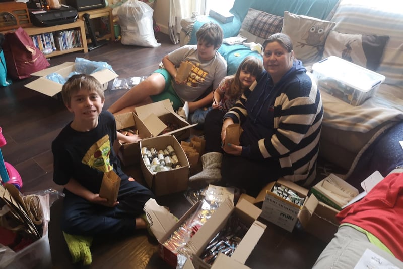 Rebecca and her children created care packages containing hand cream, coffee, milk, tea bag, hot chocolate and biscuits. They were donated to bin men, carers, nursery staff, care home staff, nurses, the post man and delivery drivers.