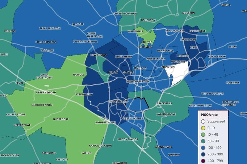 How Northamptonshire's Covid map looked on February 17 with while and green areas signifying lower case rates