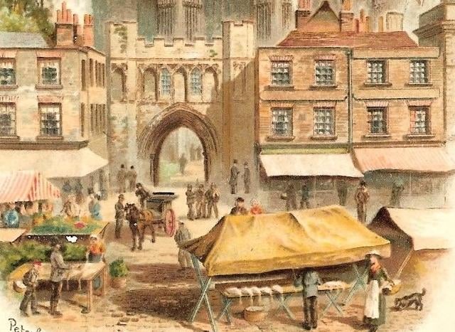 Peterborough Cathedral view with stall in front.
